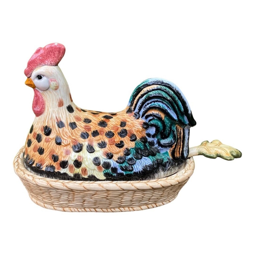 International Bazaar Rooster ceramic figural tureen with ladle Thanksgiving deco